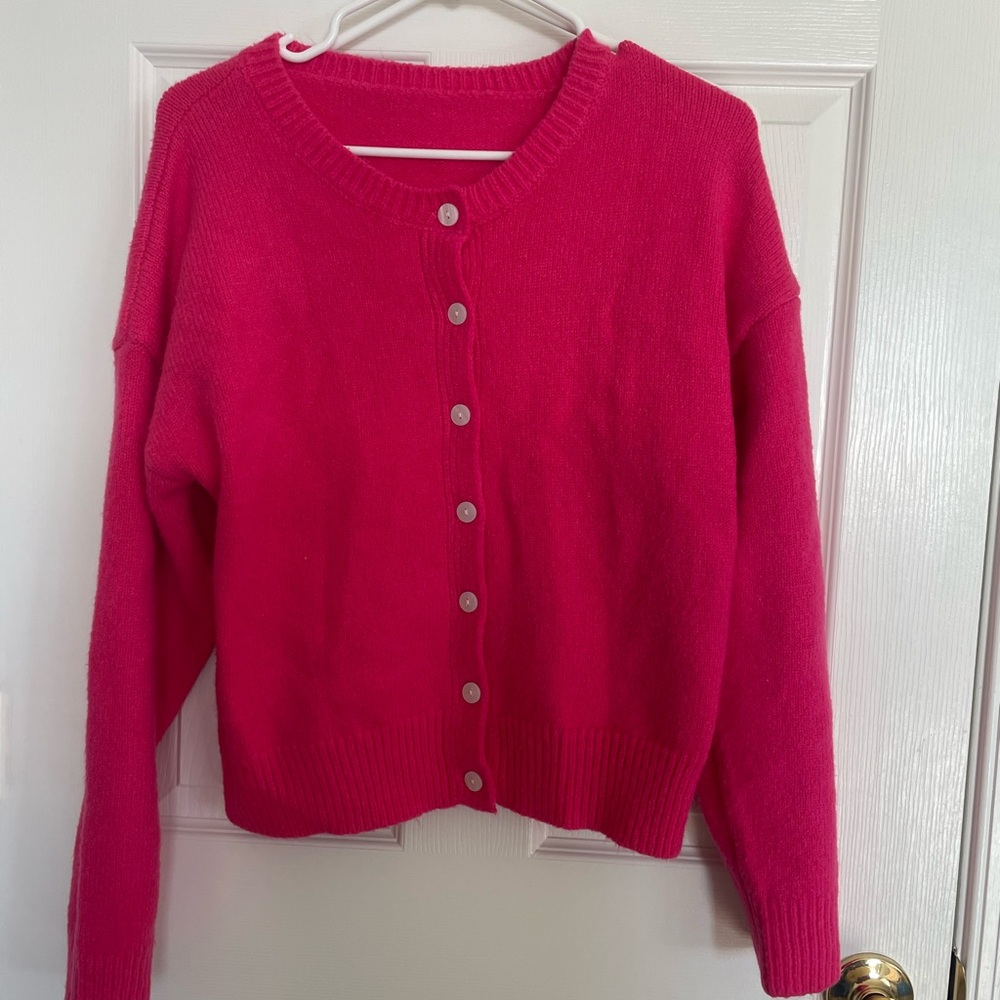 Women's Button-Front Crewneck Sweater Cardigan - Hot Pink